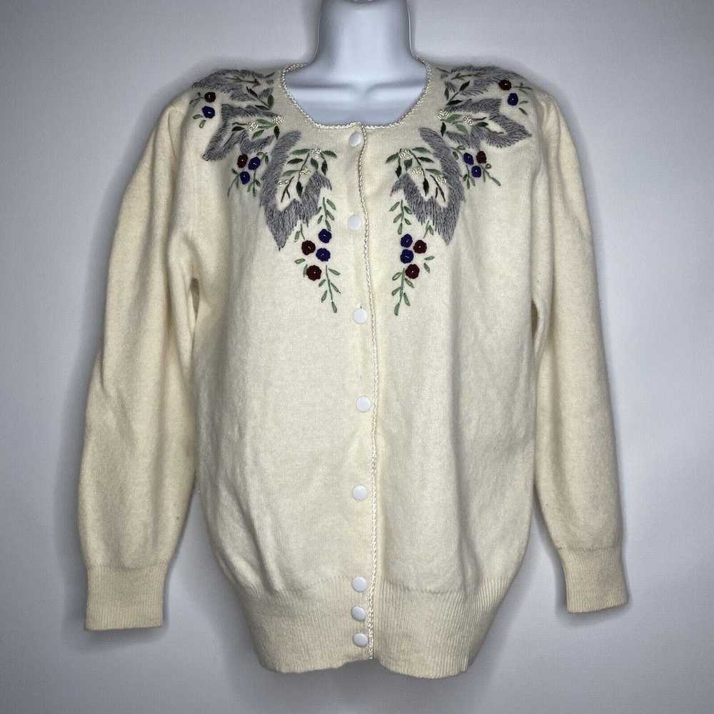 Vintage 80s Ivory Floral Embroidered Beaded Fuzzy… - image 1
