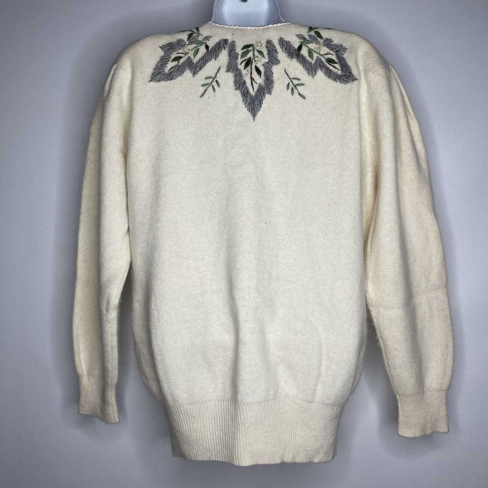 Vintage 80s Ivory Floral Embroidered Beaded Fuzzy… - image 5