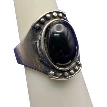 Sterling Silver Domed Black Onyx Ring with Beaded… - image 1