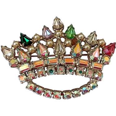 B David Crown Brooch with Rhinestones and Faux Pe… - image 1