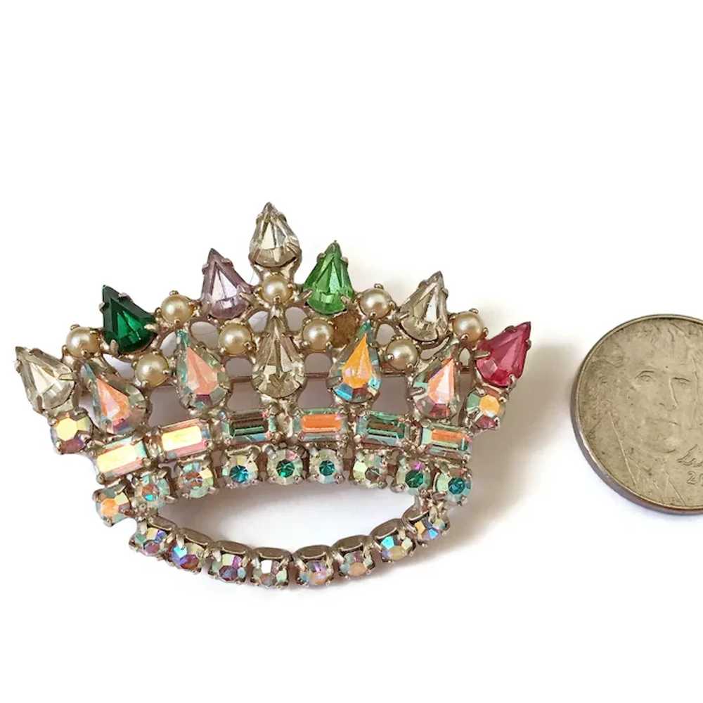 B David Crown Brooch with Rhinestones and Faux Pe… - image 3