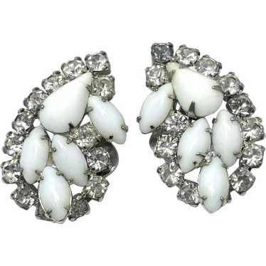 Vintage White Milk Glass Rhinestone Earrings