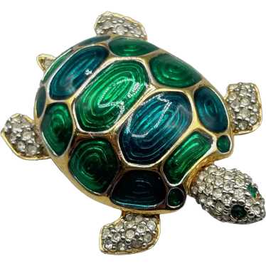 Vintage Turtle Brooch Pin Crystal Enamel Sea Anima