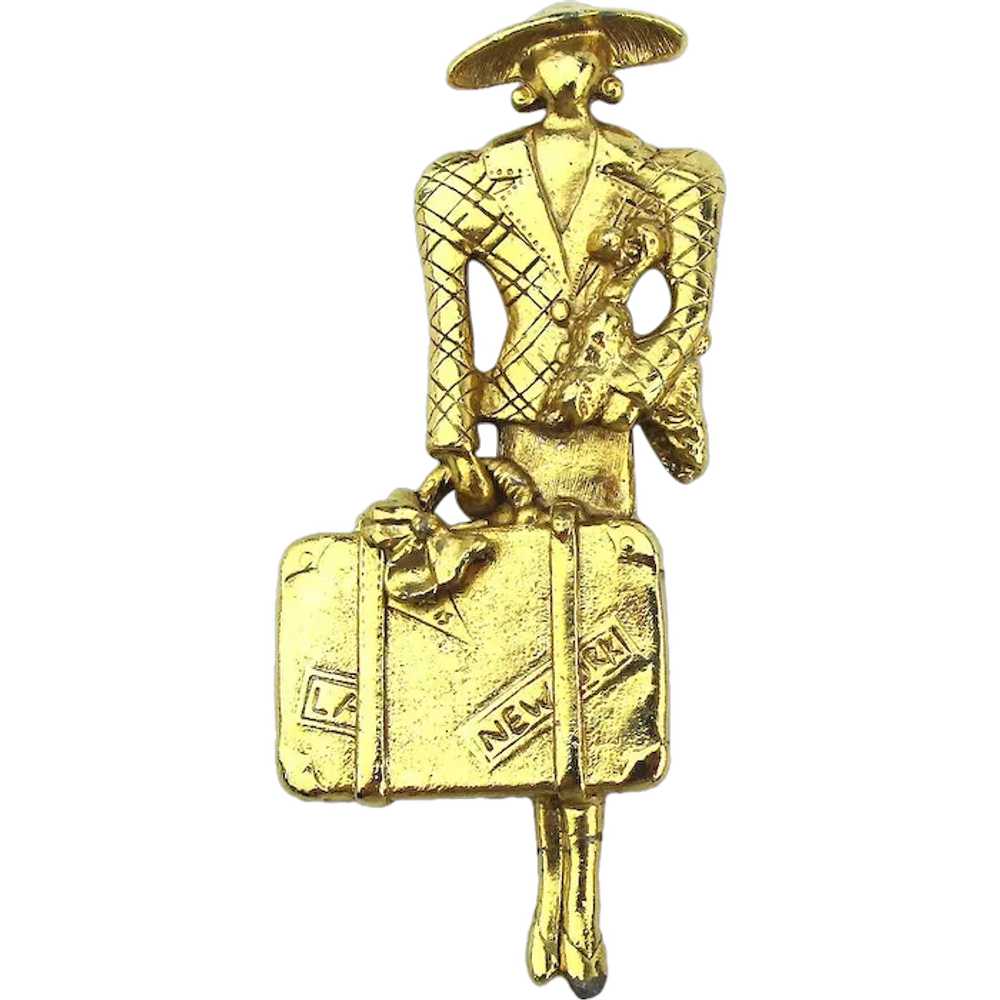 Art Deco Revival Pin Traveling Lady w/ Dog N.Y. t… - image 1