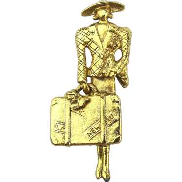 Art Deco Revival Pin Traveling Lady w/ Dog N.Y. t… - image 1