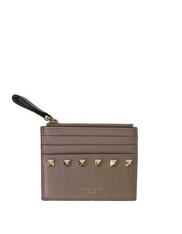 Valentino Beige Rockstud Zip Leather Card Case