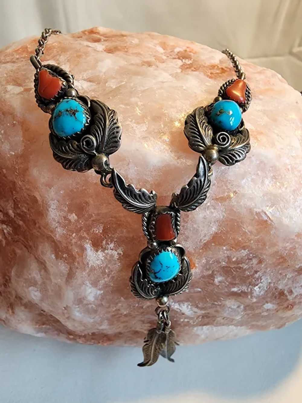 Vintage Navajo Native American Coral & Turquoise … - image 2