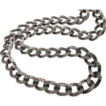 Vintage Chased Link Silvertone Chain Necklace, 17… - image 1