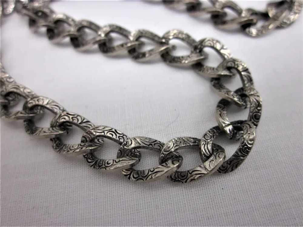 Vintage Chased Link Silvertone Chain Necklace, 17… - image 2