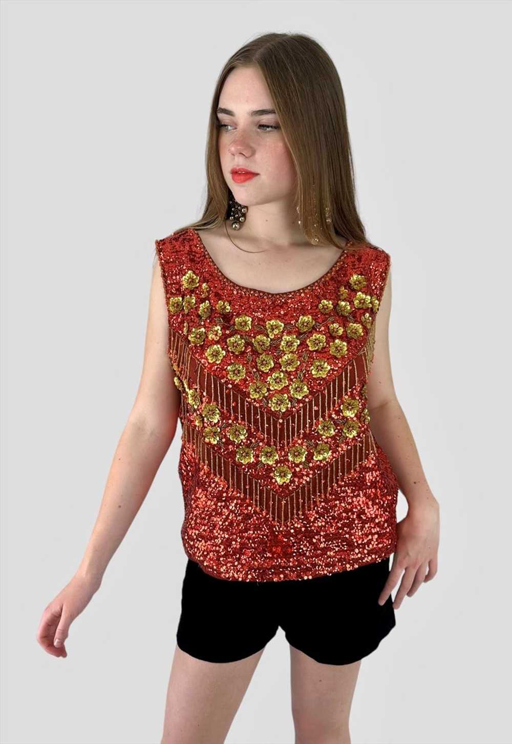 50's Red Sequin Gold Floral Sleeveless Wool Top E… - image 1
