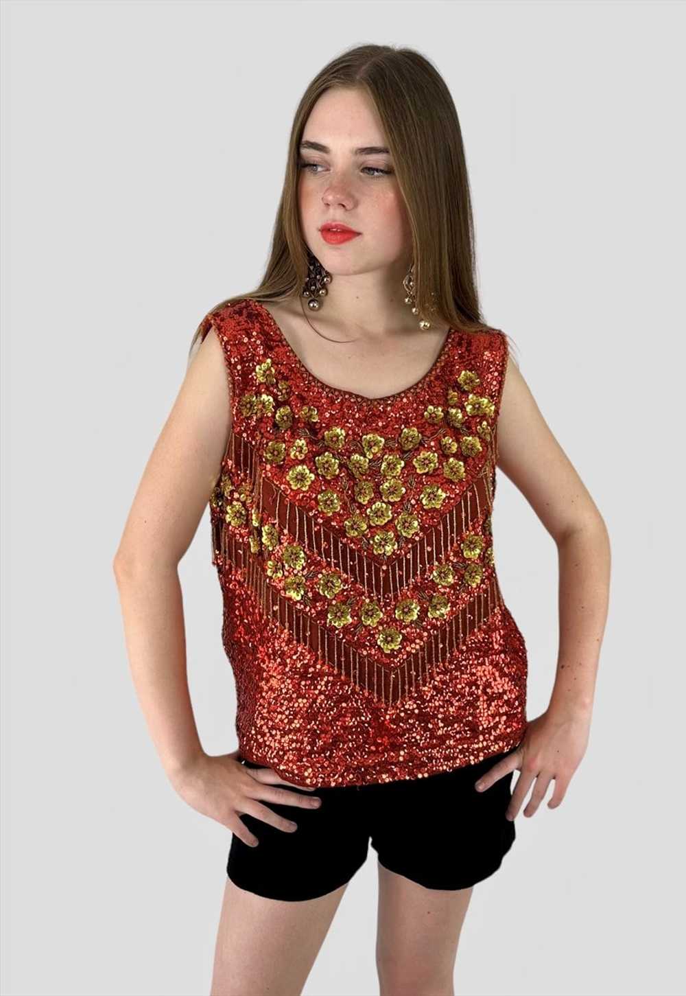 50's Red Sequin Gold Floral Sleeveless Wool Top E… - image 2