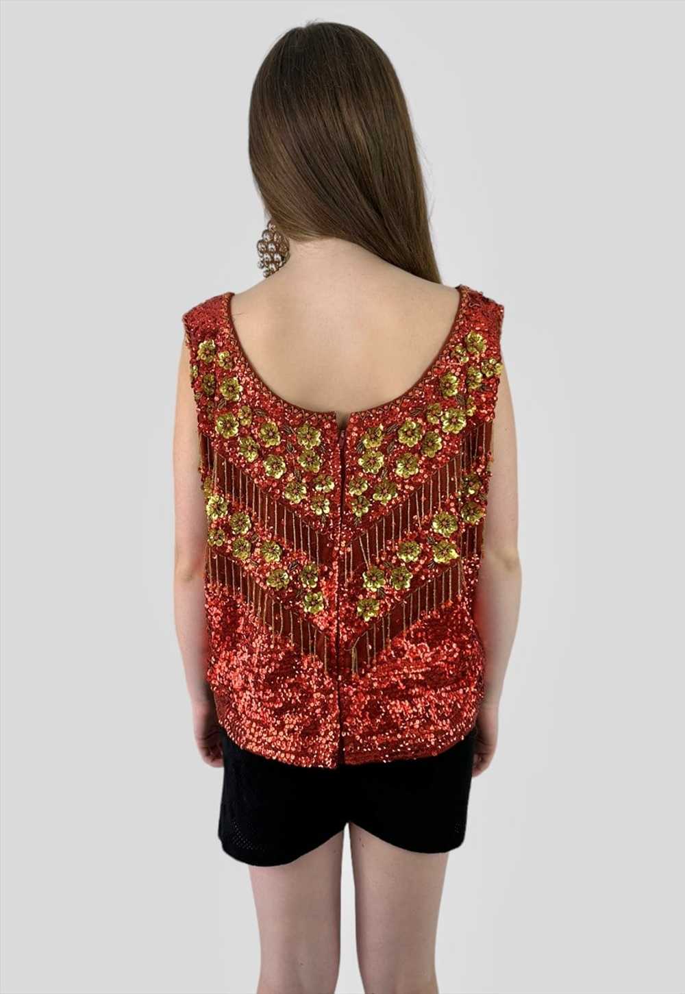 50's Red Sequin Gold Floral Sleeveless Wool Top E… - image 3