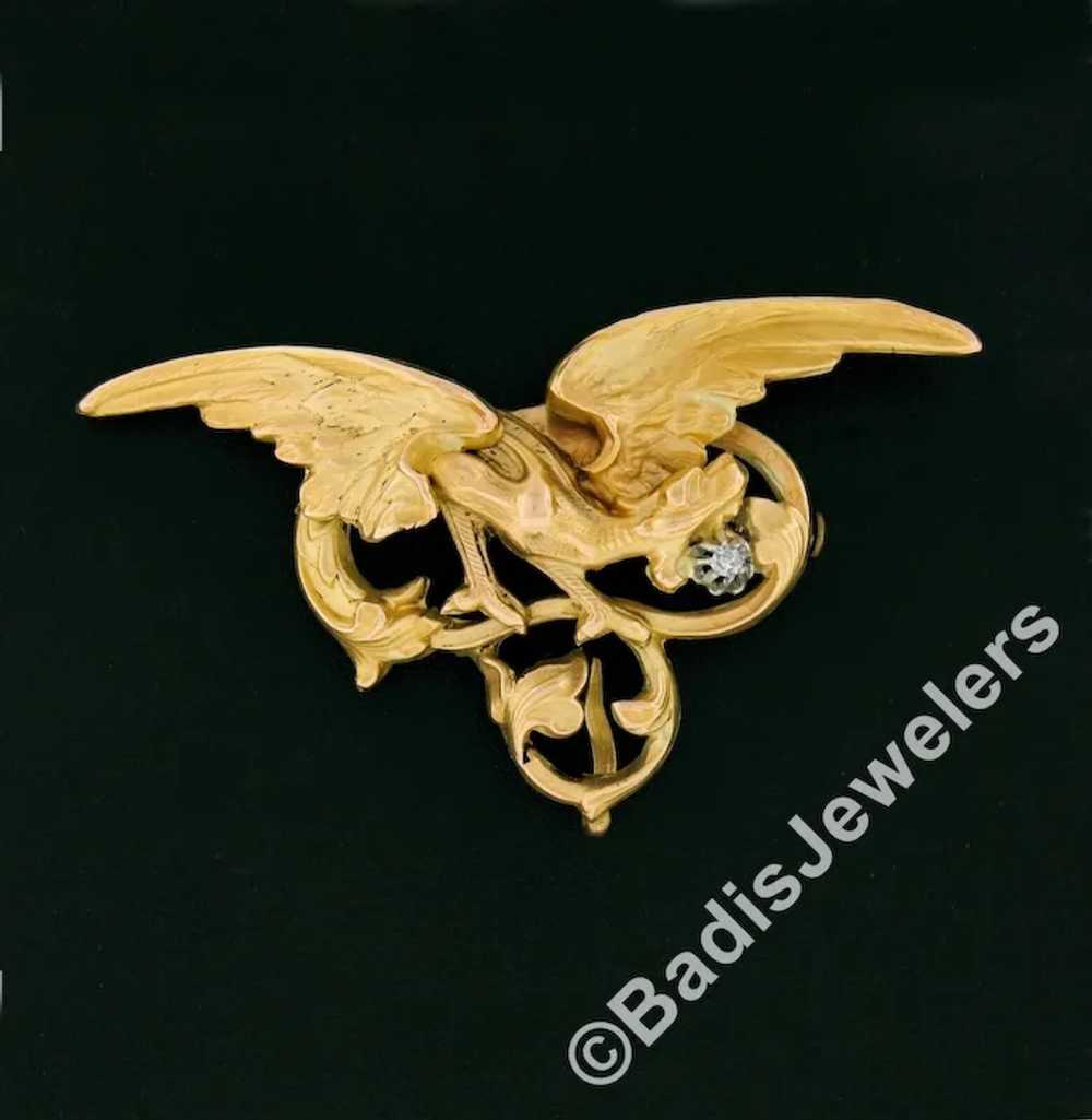 Antique Art Nouveau 14k Gold Large 3D Dragon w/ D… - image 2