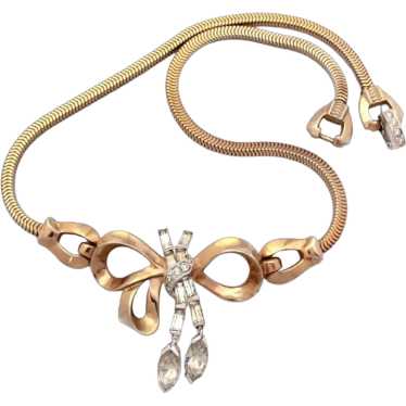 1940s Mazer Rhinestone Dangle Bow Necklace with S… - image 1