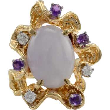 14K Yellow Gold Lavender Jadeite, Diamond and Ame… - image 1