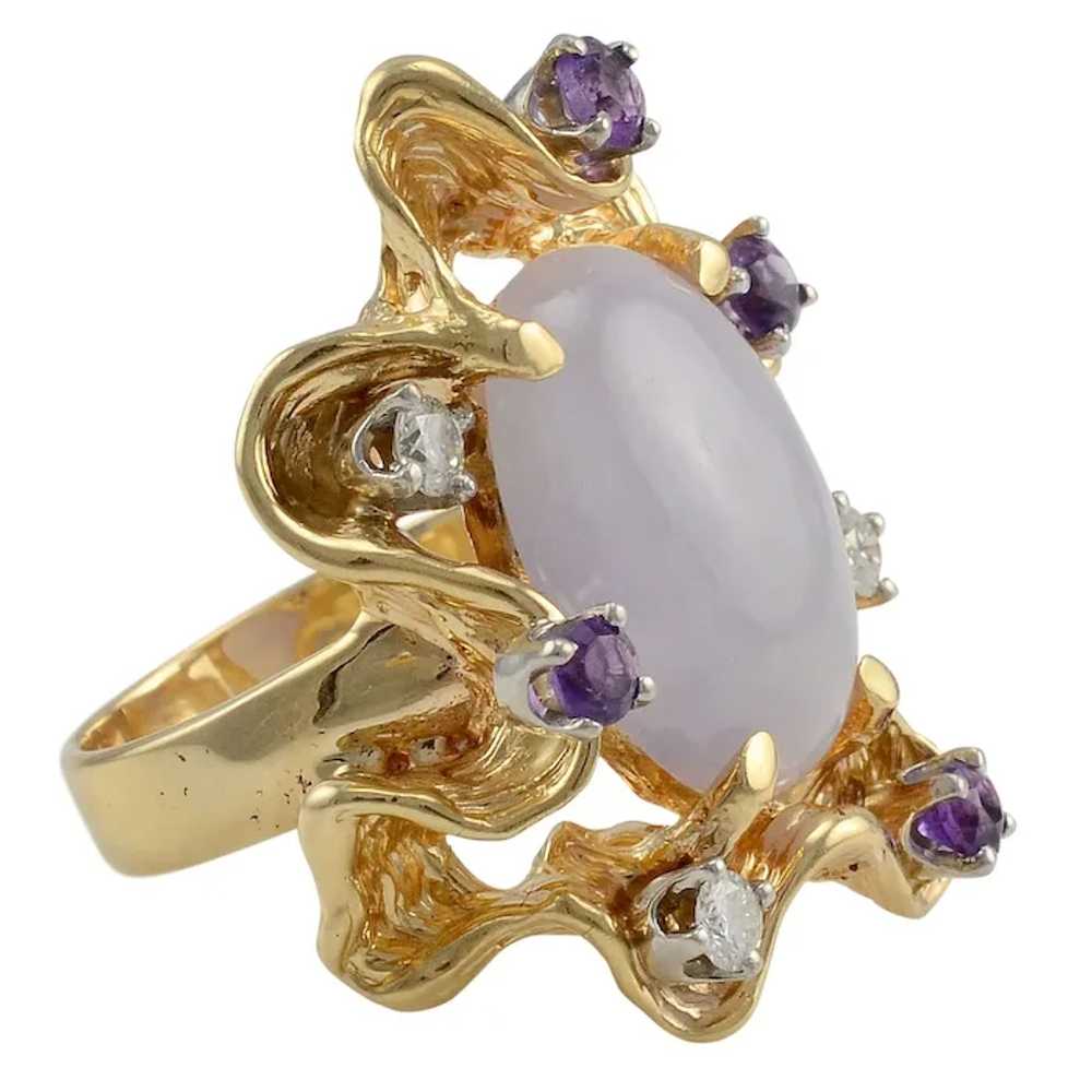 14K Yellow Gold Lavender Jadeite, Diamond and Ame… - image 2