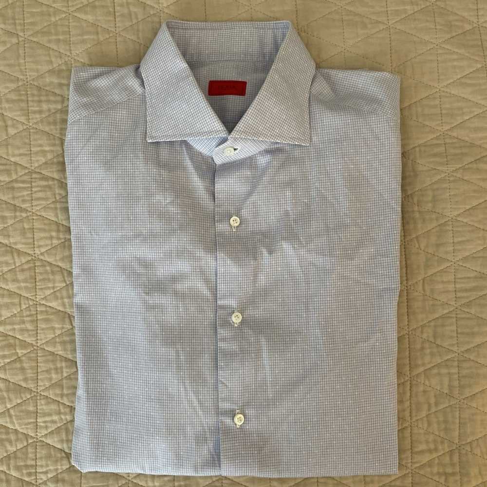 Isaia Micro Check Spread Collar Dress Shirt - image 1