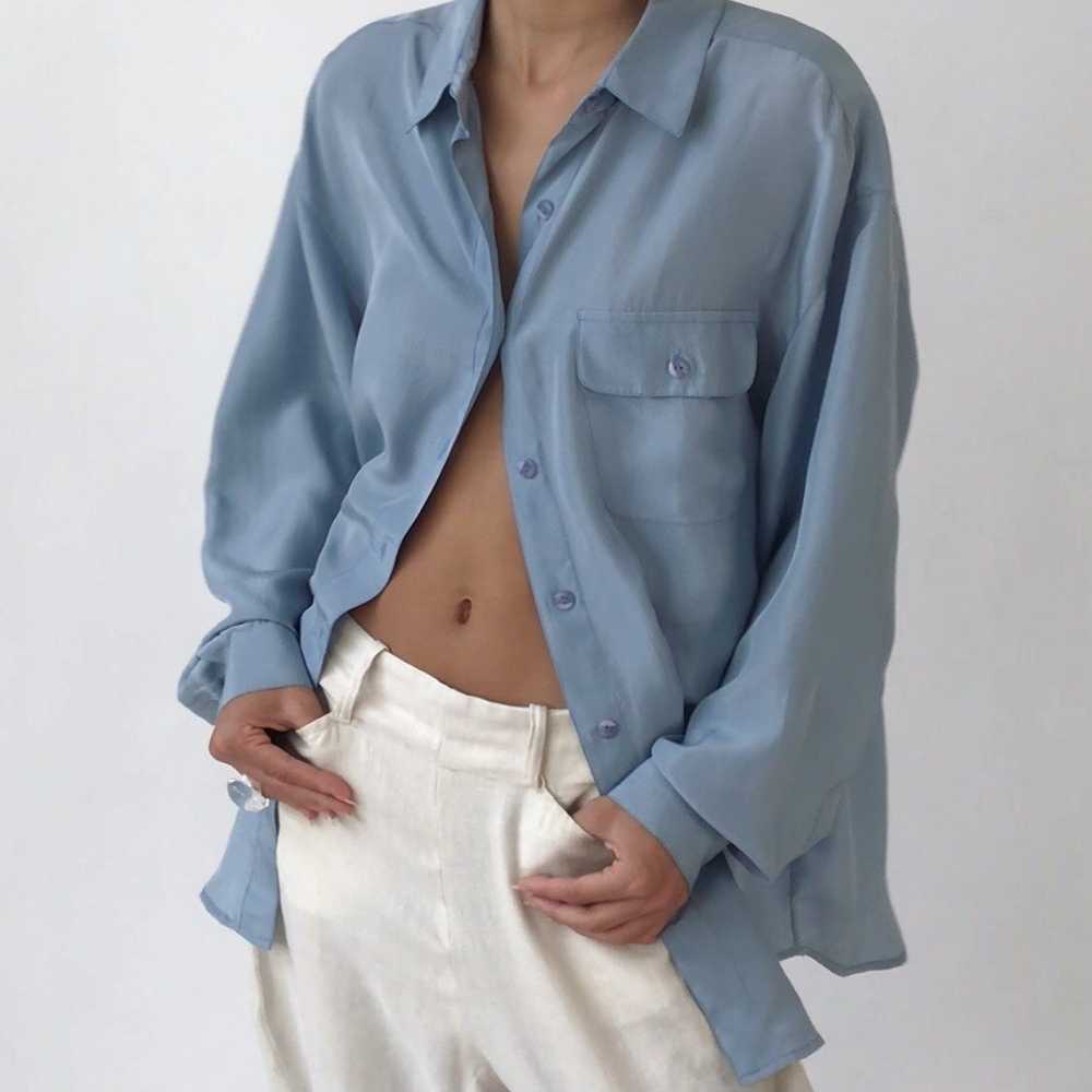 Vintage Sky Blue Dusty Silk Button Up Shirt - image 1