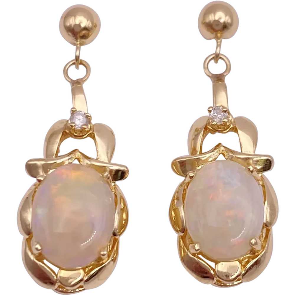 Natural Opal and Diamond Dangle Earrings 14K Gold - image 1