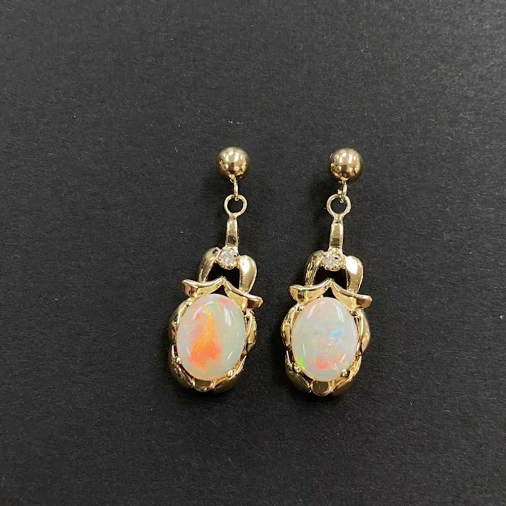 Natural Opal and Diamond Dangle Earrings 14K Gold - image 2