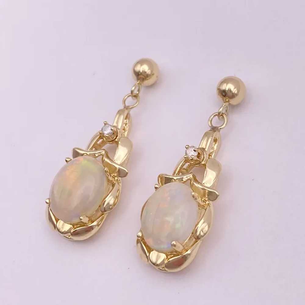 Natural Opal and Diamond Dangle Earrings 14K Gold - image 3