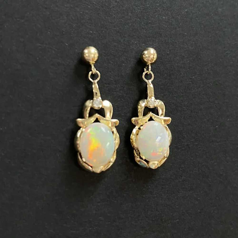 Natural Opal and Diamond Dangle Earrings 14K Gold - image 4