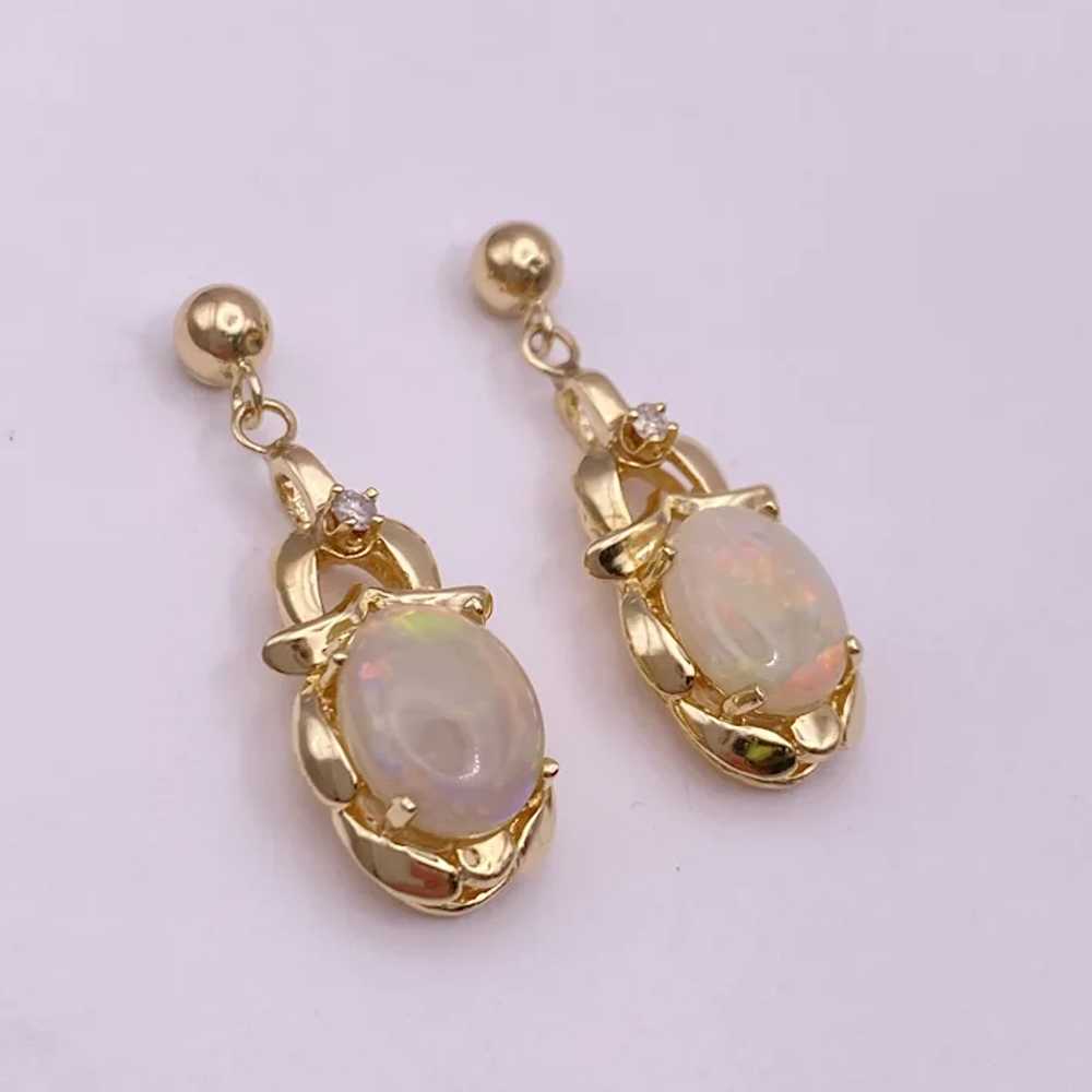 Natural Opal and Diamond Dangle Earrings 14K Gold - image 5