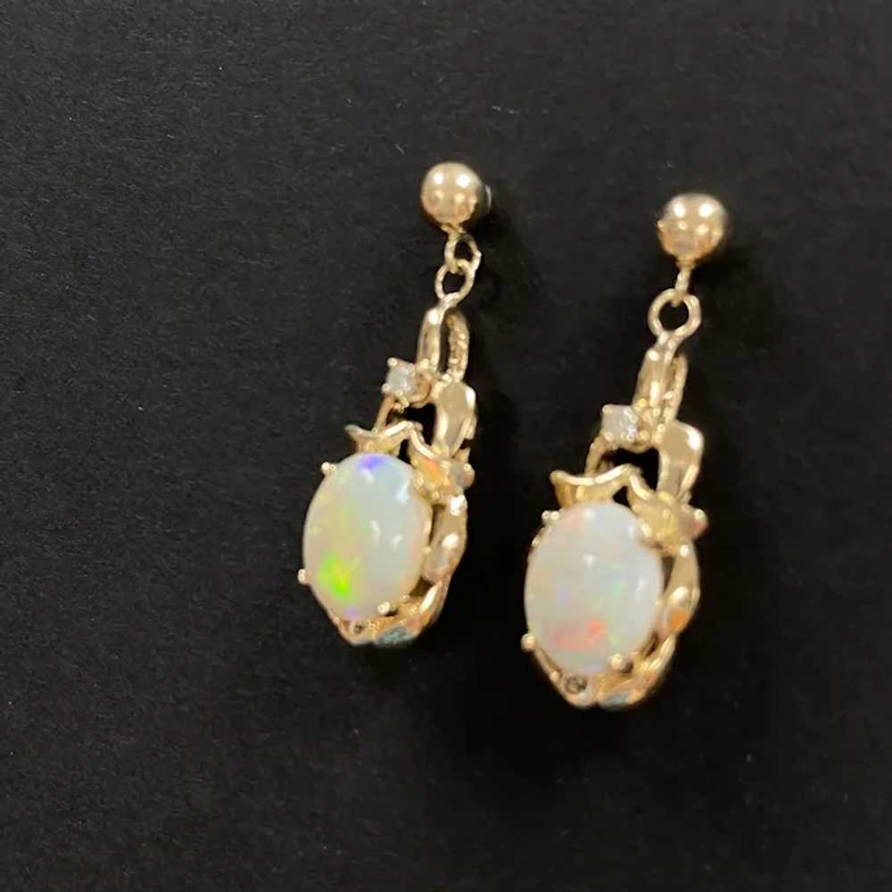 Natural Opal and Diamond Dangle Earrings 14K Gold - image 6