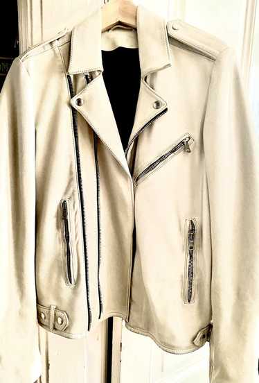 Balmain White Belted Leather Cropped Biker Jacket