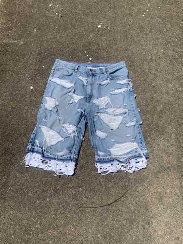 Ripped Striped Denim Shorts, Patchwork Vintage Y2K Jorts, Washed