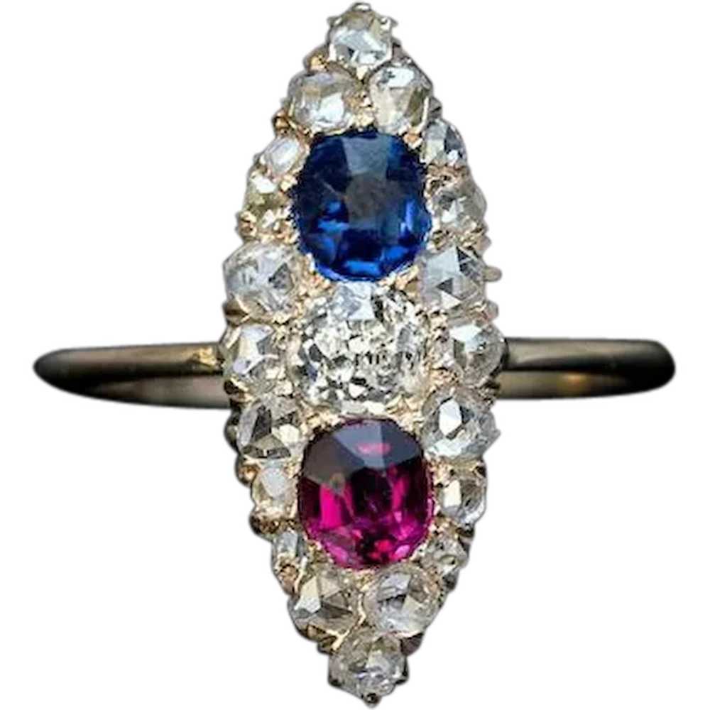 Antique Victorian Sapphire Diamond Ruby Marquise … - image 1