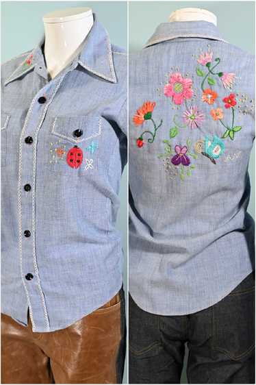 Vintage 60s/70s Hand Embroidered Chambray Shirt, L
