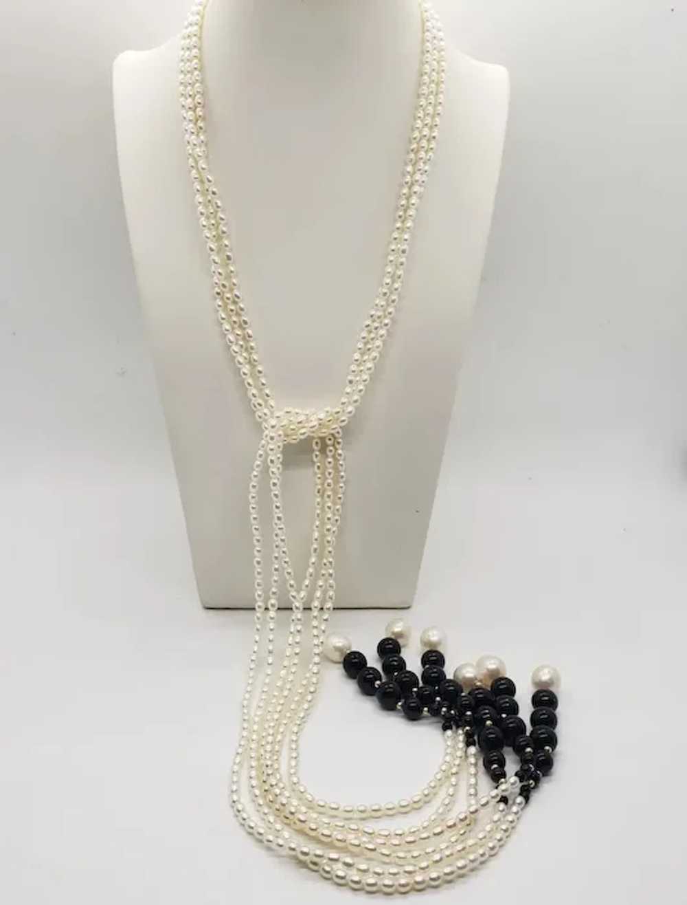 Genuine Seed Pearl Lariat Necklace,  With Black O… - image 2