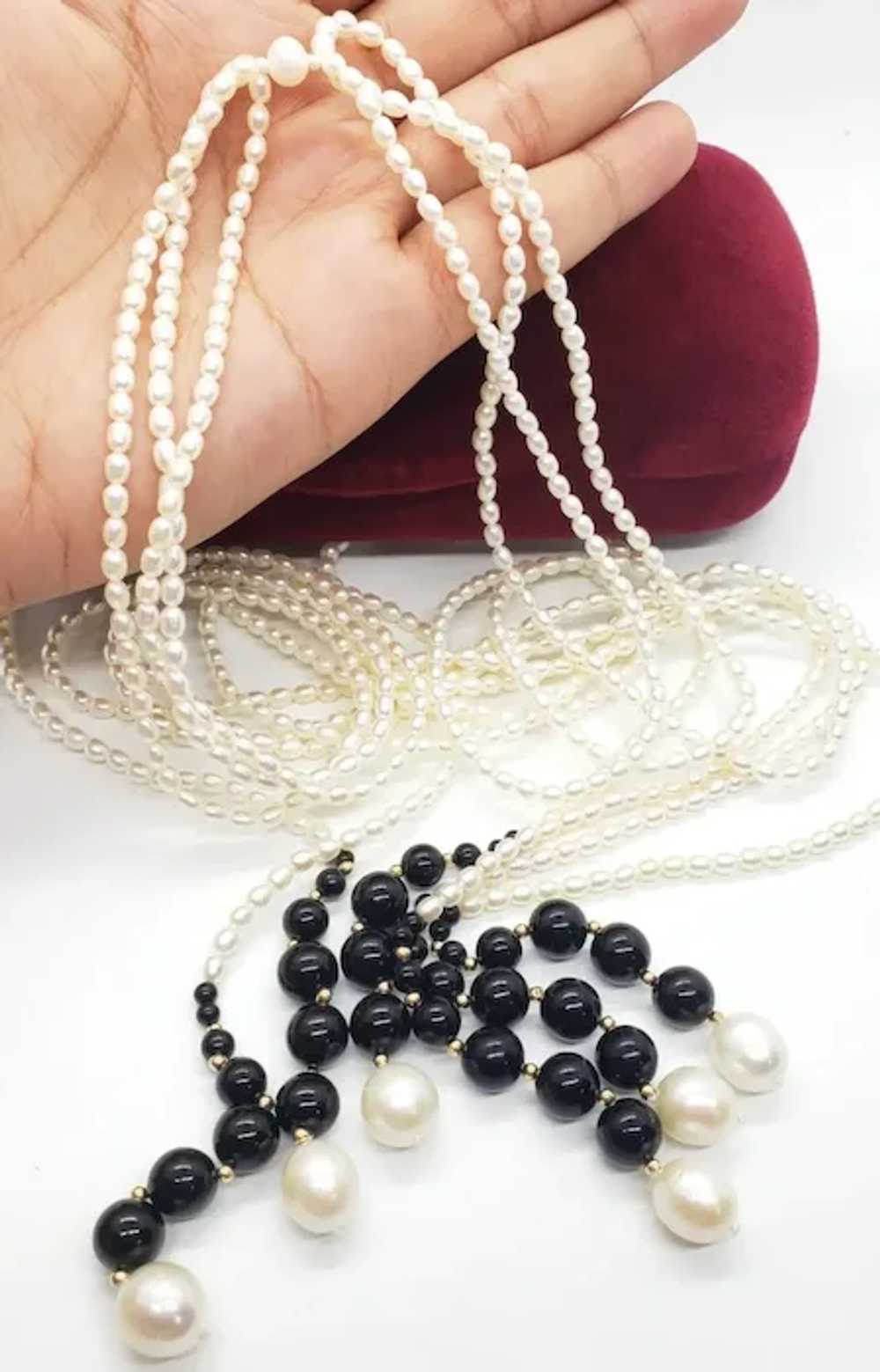 Genuine Seed Pearl Lariat Necklace,  With Black O… - image 4