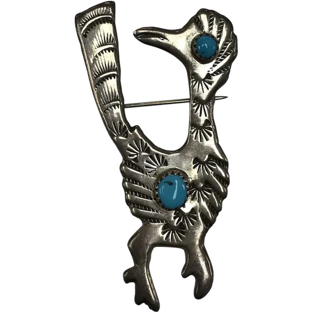 Vintage Sterling Turquoise Roadrunner Brooch - image 1