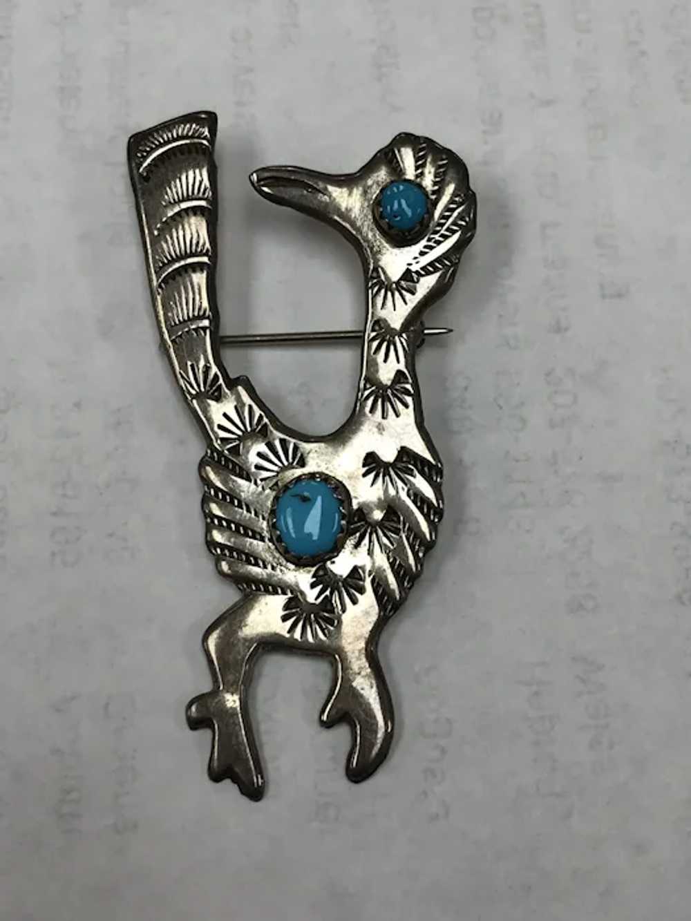 Vintage Sterling Turquoise Roadrunner Brooch - image 4