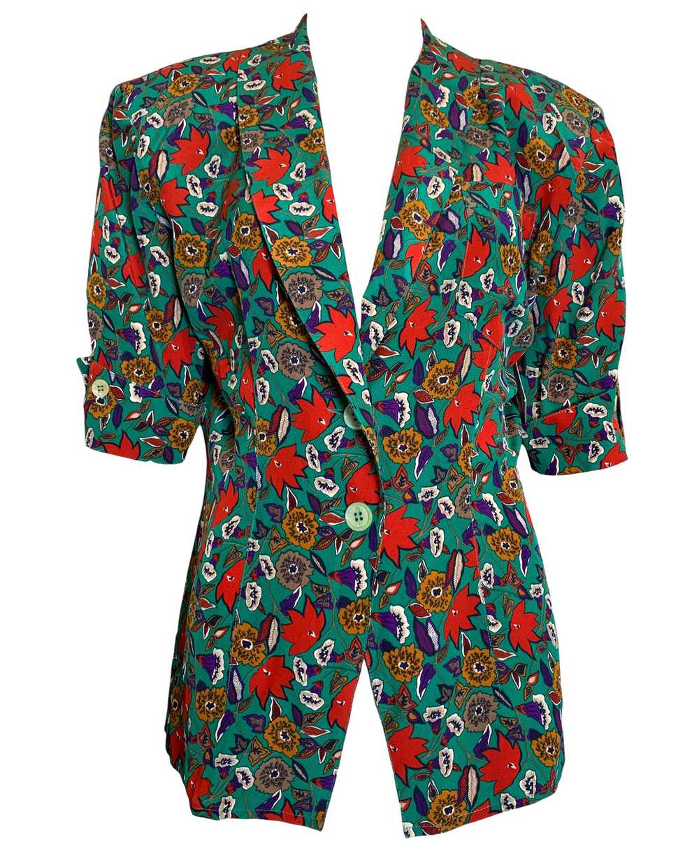 Gucci 80s Corporate Core Green Silk Floral Blouse - image 1