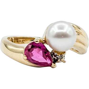 Dainty Vintage Pearl, Diamond & Ruby Ring in 14Kt… - image 1