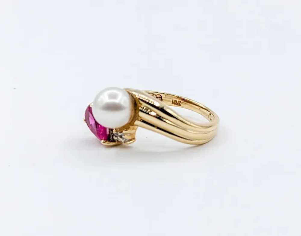 Dainty Vintage Pearl, Diamond & Ruby Ring in 14Kt… - image 4