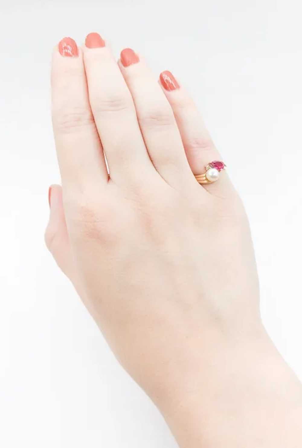Dainty Vintage Pearl, Diamond & Ruby Ring in 14Kt… - image 8