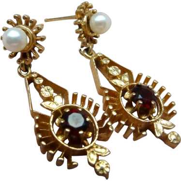 Victorian 14k Garnet and Pearl Hanging Earrings