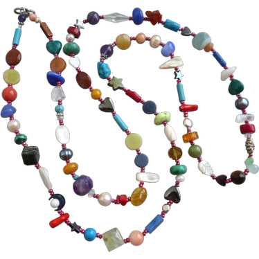 Long Multi Colored Gemstone Artisan Necklace, 45"