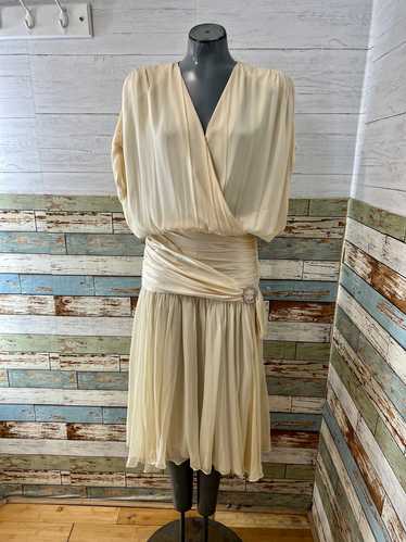 80’s Light Beige Wrap Oversized Bust Pleaded Dress