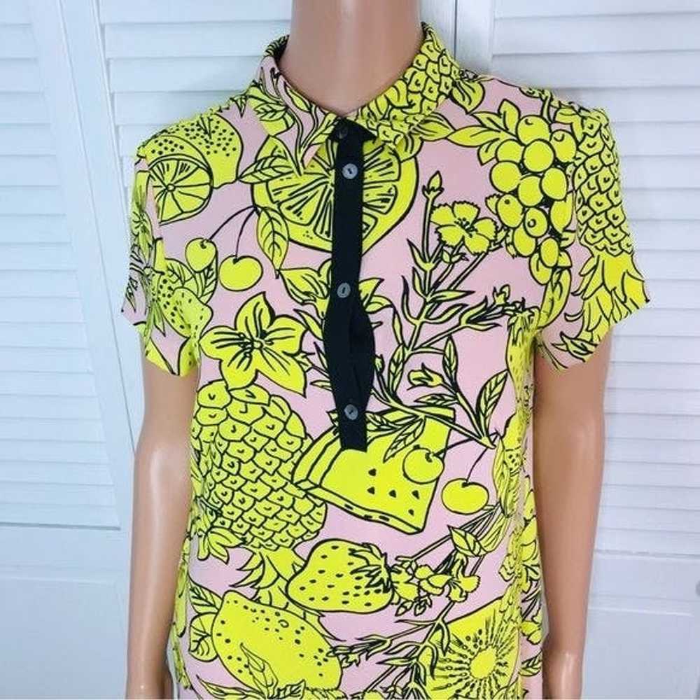 Marc Cain MARC CAIN Pink Yellow Print Collared V-… - image 2