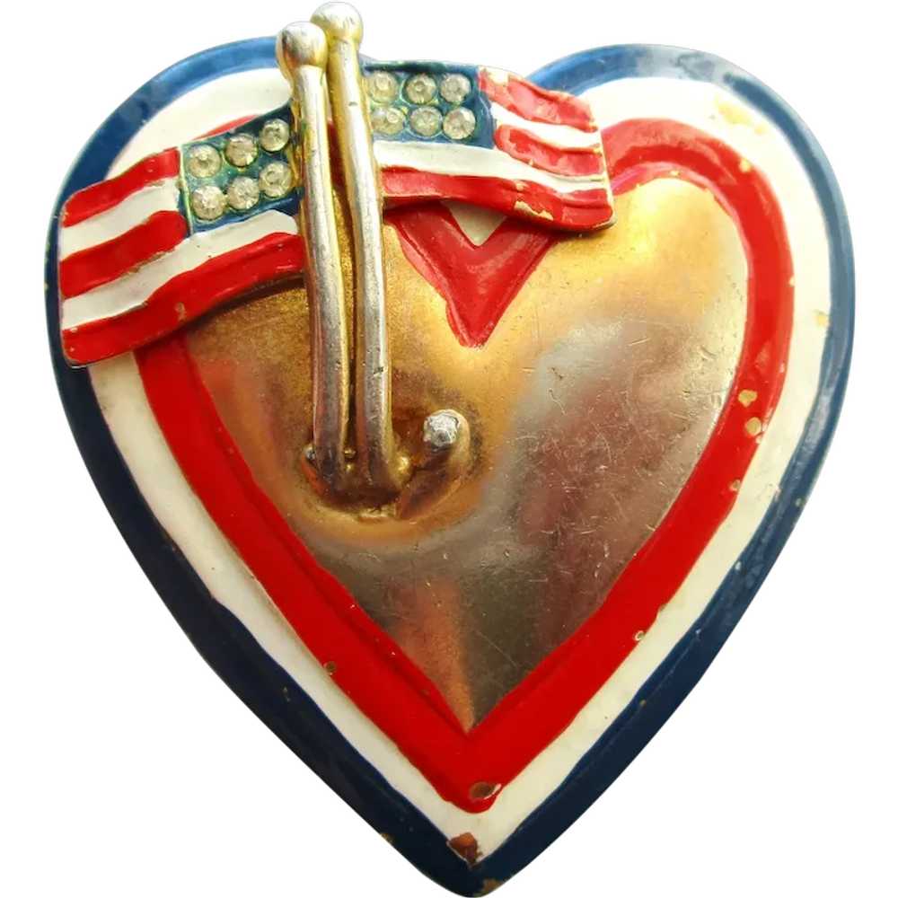WWII Patriotic Heart Flags Sweetheart Pin Fur Clip - image 1