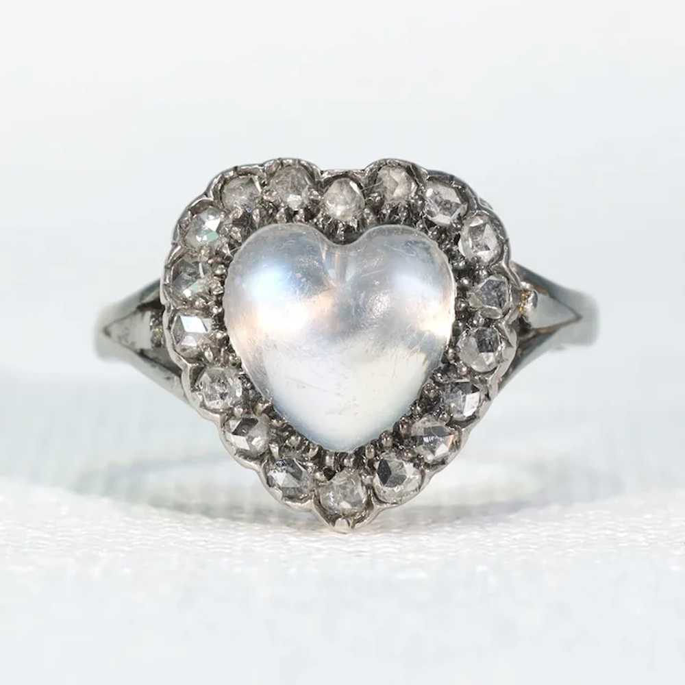 Antique Edwardian Moonstone Diamond Heart Cluster… - image 11