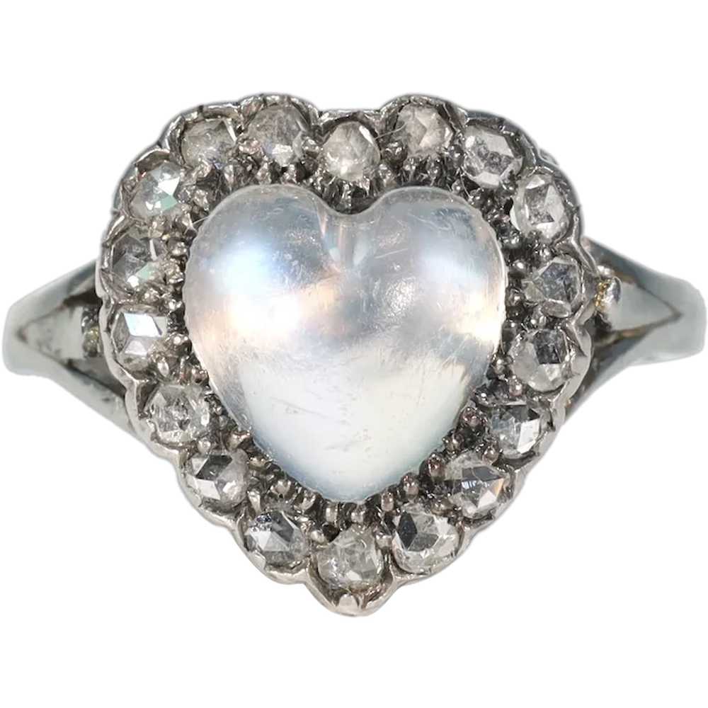 Antique Edwardian Moonstone Diamond Heart Cluster… - image 1