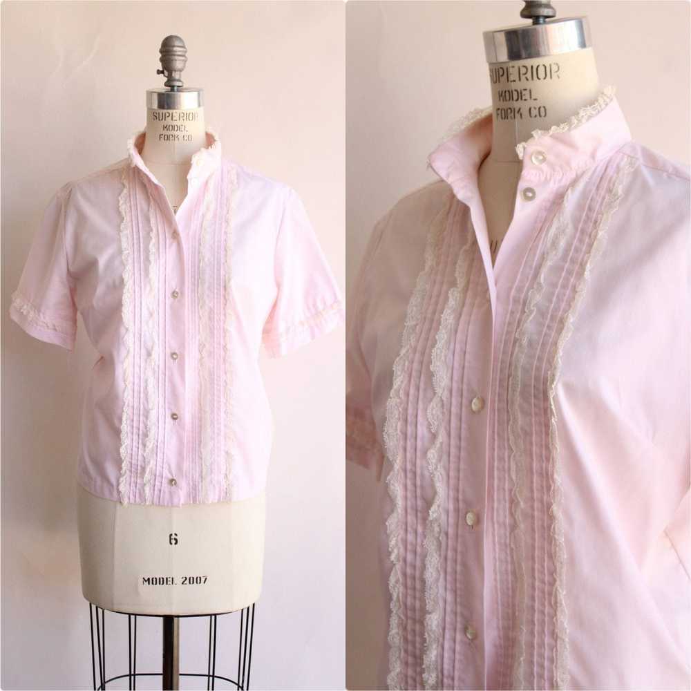 Vintage Vintage 1960s Blouse, Pink Cotton Tuxedo … - image 1