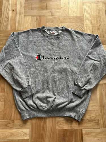 Rare! Vintage Champion Big fashion Spell Out Logo Print Embroidery Crewneck Grey Color Medium Size Pullover Jumper Streetwear Sweatshirt Brand