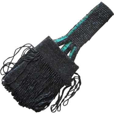 ca 1920 All Black Glass Beads Fringed Purse Antiq… - image 1